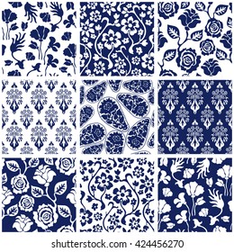 Set of Victorian damask seamless patterns with roses and wildflowers. Chinese, Indian, French and Italian motifs. Floral ornaments, paisleys, baroque prints. Retro textile collection. Blue, white.