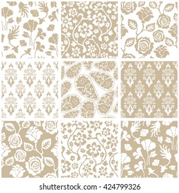 Set of Victorian damask seamless patterns with roses and wildflowers. Chinese, Indian, French and Italian motifs. Floral ornaments, paisleys, baroque prints. Retro textile collection. Golden.