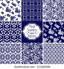 Set of Victorian damask seamless patterns with rose. Vintage flowers seamless ornament blue and white. Decorative ornament backdrop for fabric, textile, wrapping paper.