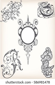 Set of victorian design elements with a frame and floral swirls on an old paper background