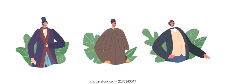 Conjunto de Avatares de Caballeros Victorianos, Iconos Aislados. Los aristócratas del siglo XIX, los personajes masculinos llevan ropa vintage, trajes elegantes, sombrero y gafas con caña. Ilustración del vector de dibujos animados