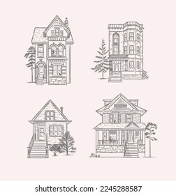 Set of victorian houses drawing in old fashioned vintage style on light background.