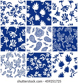 Set of Victorian porcelain seamless patterns with leaves and wildflowers. Chinese, Indian, French, Italian motifs. Floral ornaments, paisleys, baroque prints. Retro textile collection. Blue, white.
