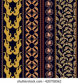 Set of Victorian seamless borders. Retro damask pattern, geometric ornaments, leaves and branches. Italian, French, Chinese motifs. Vintage textile collection. Golden on black.