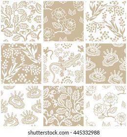 Set of Victorian seamless patterns. Oak leaves, wildflowers, lizards. Grey. 
