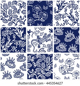 Set of Victorian seamless patterns. Oak leaves, wildflowers, lizards.