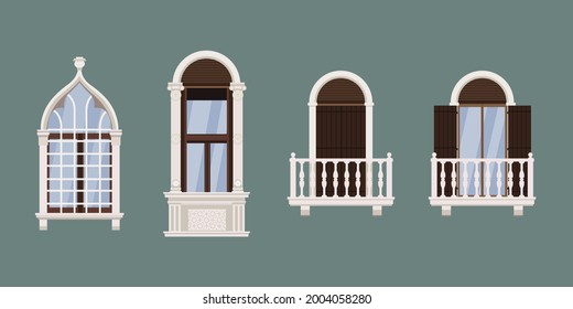 Set of Victorian windows. Traditional european window frames. Vector illustration