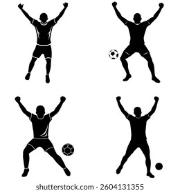 Set of victorious football player silhouettes raising arms in celebration, with soccer balls in motion, isolated on white background.