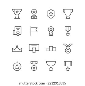 Set of victory and award icons, ribbon, trophy, medal, cup, diploma, champion and linear variety vectors.
