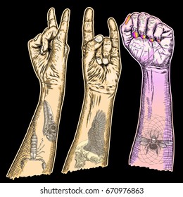 Set of victory, freedom power, riot and revolution, rock music, concept hand gestures with flesh tattoo. Artistic drawn for posters female, male wrist fist symbols. Man, woman finger signs. Vector. 