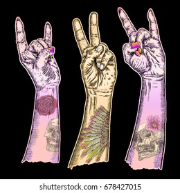 Set of victory, freedom power, riot and revolution, rock music, concept hand gestures with flesh tattoo. Artistic drawn for posters female, male wrist fist symbols. Man, woman finger signs. Vector. 