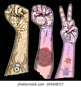 Set of victory, freedom power, riot and revolution, rock music, concept hand gestures with flesh tattoo. Artistic drawn for posters female, male wrist fist symbols. Man, woman finger signs. Vector. 