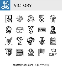 Set of victory icons such as Cheerleader, Darts target, Target, Silver medal, Medal, Puck, Scoreboard, Boxer, Trophy, Ranking, Award, Race flag, Premium , victory