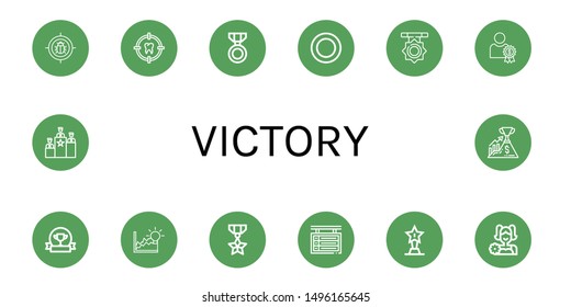 Set of victory icons such as Target, Medal, Puck, Reward, Award, Achievement, Scoreboard, Trophy, Cheerleader, Rank, Success , victory