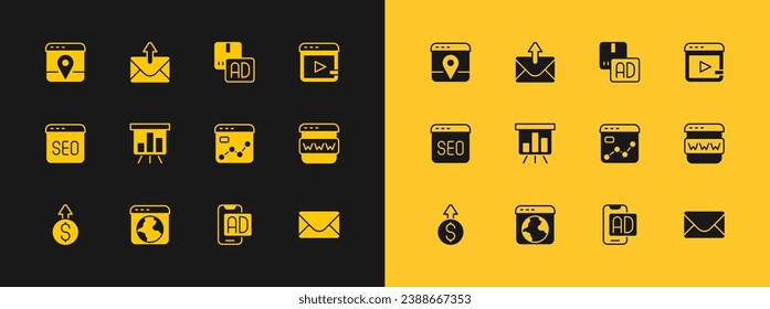 Set Video advertising, Worldwide, Market analysis, Advertising, Board with graph chart, Infographic of city map and Mail and e-mail icon. Vector