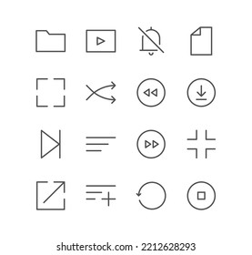Set of video and audio controls related icons, player, download, media and linear variety vectors.