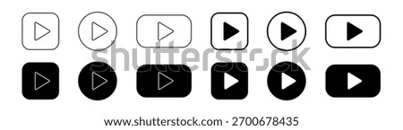 Set of video and audio play button icons. Simple black play button symbols inside for online media player. Vector illustration on transparent background.