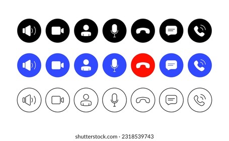 Set of video call buttons. Collection of internet conversation buttons. Web app ui display template. Collections buttons of on-line video chat app, internet talk, call technology. Vector illustration