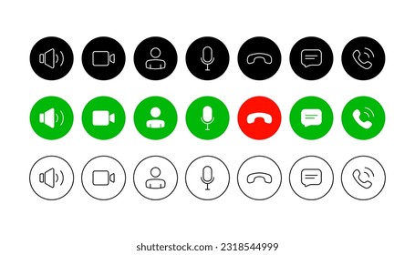 Juego de botones de videollamadas. Colección de botones de conversación en Internet. plantilla de visualización de la aplicación web ui. Botones de colecciones de la aplicación de videochat en línea, charla en internet, tecnología de llamadas. Ilustración del vector