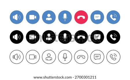 Set of video call buttons. Collection of internet conversation buttons. Web app ui display template. Collections buttons of on-line video chat app, internet talk, call technology. Vector illustration