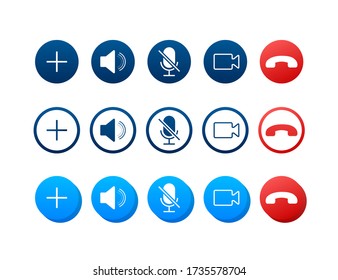 Juego de botones de videollamadas. Diseño web.Botones de videollamadas para el diseño de aplicaciones móviles. Ilustración de material vectorial.
