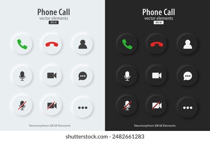 Set of Video call icons. Black and white buttons with Video chat conference symbols. Collection of video communication elements. Neumorphism style, UI UX design, Vector illustration.