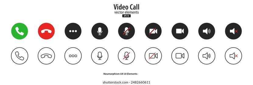 Set of Video call icons. Video chat conference symbols. Collection of video communication elements. Neumorphism style, UI UX design, Vector illustration.