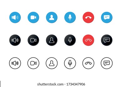Set of Video call icons. Video conference. Collections buttons of on-line video chat app, internet talk, call technology. Web app ui display template. Videoconferencing and online meeting workspace
