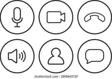 Set of Video call icons. Video conference. Collections buttons of on-line video chat app, internet talk, call technology. Web app ui display template. Videoconferencing and online meeting workspace