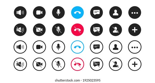 Set of Video call icons. Video conference. Collections buttons of on-line video chat app, internet talk, call technology. Web app ui display template. Videoconferencing and online meeting workspace