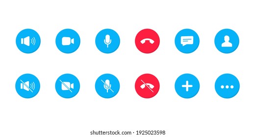 Set of Video call icons. Video conference. Collections buttons of on-line video chat app, internet talk, call technology. Web app ui display template. Videoconferencing and online meeting workspace