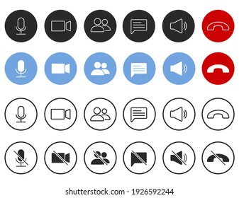 Set of Video call icons. Video conference. Collections buttons of on-line video chat app, internet talk, call technology. Web app ui display template. Videoconferencing and online meeting workspace