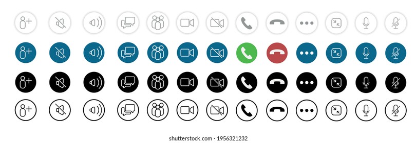 Set of Video call icons. Video conference. Collections buttons of on-line video chat app, internet talk, call technology. Web app ui display template. Videoconferencing and online meeting workspace