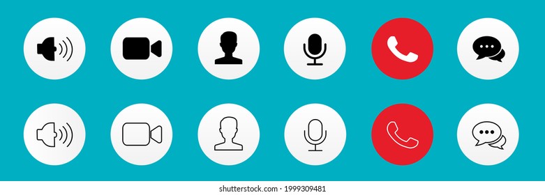Set of Video call icons. Video conference. Collections buttons of on-line video chat app, internet talk, call technology. Web app ui display template. Videoconferencing and online meeting workspace
