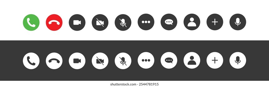 Set of Video call icons. Video conference. Collections buttons of on-line video chat app, internet talk, call technology. Web app ui display template. Videoconferencing and online meeting workspace