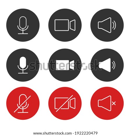 Set of Video call icons. Video conference. Collections buttons of on-line video chat app, internet talk, call technology. Web app ui display template. Videoconferencing and online meeting workspace