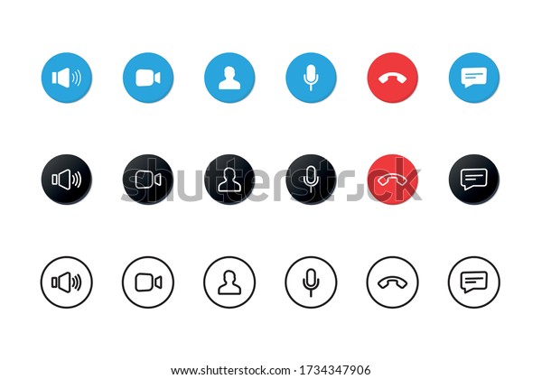 Set of Video call icons. Video conference.\
Collections buttons of on-line video chat app, internet talk, call\
technology. Web app ui display template. Videoconferencing and\
online meeting workspace