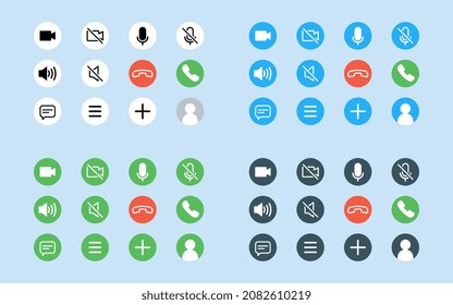 Juego de iconos de videollamadas para la aplicación de vídeo en línea de la plantilla de pantalla. Botones de la videocámara y del espacio de trabajo de la reunión en línea para la aplicación de videochat en línea. plantilla de presentación de la interfaz de usuario de la aplicación Web.
