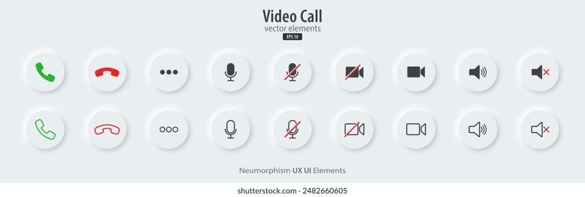 Set of Video call icons. White buttons with Video chat conference symbols. Collection of video communication elements. Neumorphism style, UI UX design, Vector illustration.