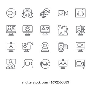 Set of video call Related Vector Line Icons. Includes such Icons as video camera, video call, online interview, online chat, webcam and more.