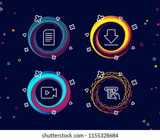 Set of Video camera, Downloading and Document icons. Credit card sign. Movie or cinema, Load information, Information file. Atm payment.  Circle banners with line icons. Gradient colors shapes. Vector