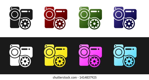 Set Video camera and gear icon isolated on black and white background. Adjusting app, service concept, setting options, maintenance, repair, fixing. Vector Illustration