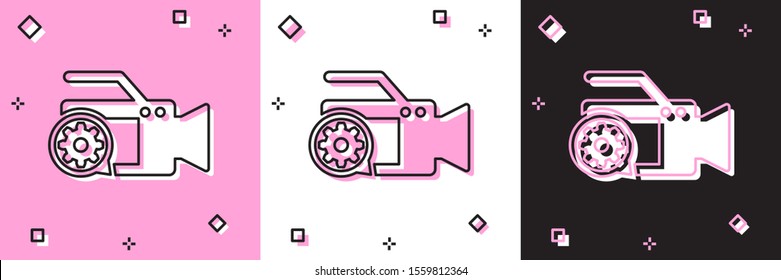 Set Video camera and gear icon isolated on pink and white, black background. Adjusting app, service concept, setting options, maintenance, repair, fixing.  Vector Illustration