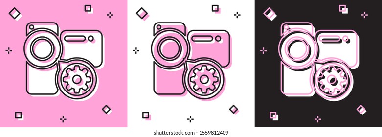 Set Video camera and gear icon isolated on pink and white, black background. Adjusting app, service concept, setting options, maintenance, repair, fixing.  Vector Illustration
