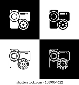 Set Video camera and gear icons isolated on black and white background. Adjusting app, service concept, setting options, maintenance, repair, fixing. Vector Illustration