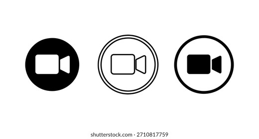 Ein Satz von Videokamerasymbolen, die in einem Kreisrahmen eingeschlossen sind und sich für Aufnahme- und Streaming-Anwendungen eignen. Vektorgrafik.