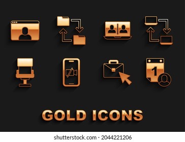 Set Video camera Off on mobile, Online working, Time management, Office chair, chat conference,  and Cloud storage document folder icon. Vector
