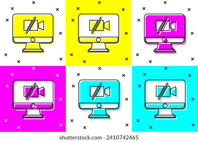 Set Video camera Off on computer icon isolated on color background. No video.  Vector