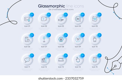 Set of Video camera, Recovery data and Verified mail line icons for web app. Smartphone notification, Swipe up, 360 degrees icons. Wind energy, Laptop, Dermatologically tested signs. Vector