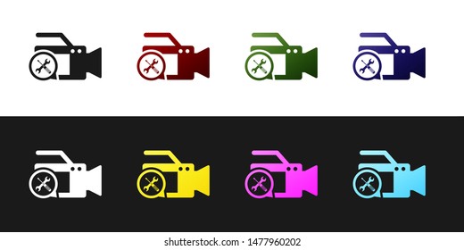 Set Video camera with screwdriver and wrench icon isolated on black and white background. Adjusting, service, setting, maintenance, repair, fixing.  Vector Illustration